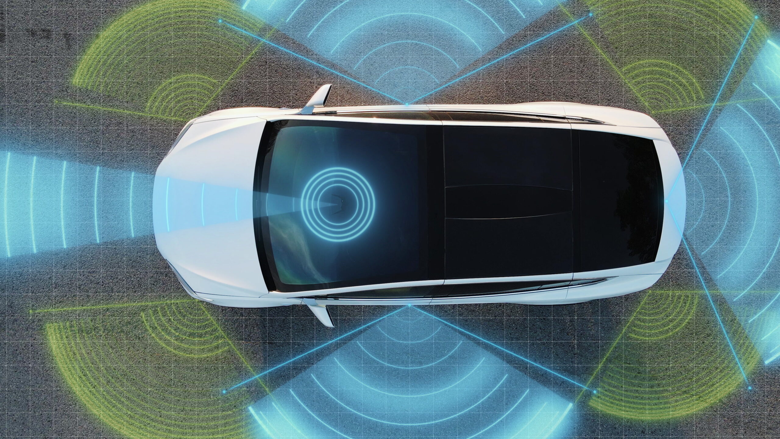 Self-driving autopilot car technology, radar, 360, sensors, cameras, lasers. Artificial intelligence digitizes and analyzes roads. Sensors scan ahead for vehicles, hazards and speed limits