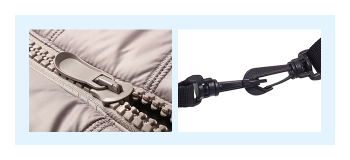 รูปที่ 3/4: การใช้งานทั่วไปของวัสดุ POM ได้แก่ ซิปเสื้อผ้า (ซ้าย) และอุปกรณ์เสริมสำหรับกระเป๋าเดินทาง (ขวา)