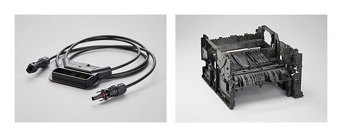 Examples of products made from PPE/PS alloys. Left: Connector for solar-power generator. Right: Printer chassis. 