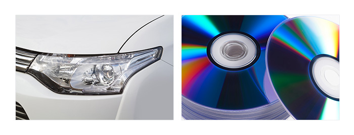 Figure 5: Common applications of polycarbonates include vehicle headlights (left) and optical disks (right)