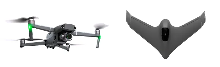 (Trái) Máy bay không người lái nhiều cánh quạt, (Phải) Máy bay không người lái cánh cố định