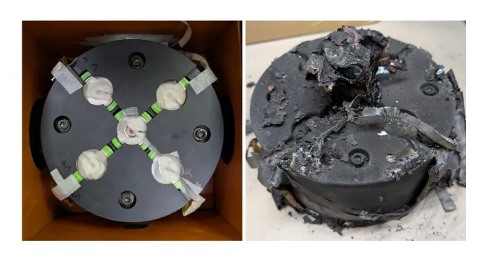 左：試験前、ザイロン™でできたセルホルダーに円筒形バッテリーセルを配置、セル間隔2.0mm 右：試験後、同じセルホルダー、トリガーセル（中心）から周り4つの隣接セルでの熱暴走は発生しなかった。